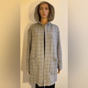 Women Magaschoni Grey Patterned Buttonless Open Front Hooded Long Coat